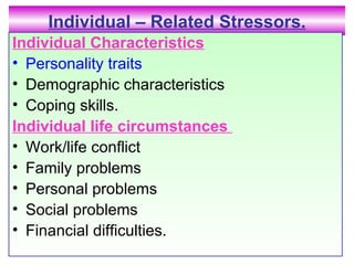 Individual – Related Stressors. Individual Characteristics Personality traits Demographic characteristics Coping skills. Individual life circumstances  Work/life conflict Family problems Personal problems Social problems Financial difficulties. 