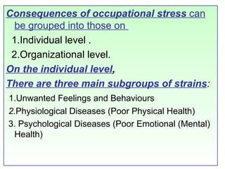 Consequences of occupational stress  can be grouped into those on  1.Individual level . 2.Organizational level.  On the individual level ,  There are three main subgroups of strains : 1.Unwanted Feelings and Behaviours 2. Physiological Diseases (Poor Physical Health)  3. Psychological Diseases (Poor Emotional (Mental) Health)  