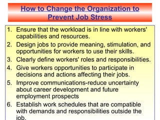 How to Change the Organization to Prevent Job Stress Ensure that the workload is in line with workers' capabilities and resources. Design jobs to provide meaning, stimulation, and opportunities for workers to use their skills. Clearly define workers' roles and responsibilities. Give workers opportunities to participate in decisions and actions affecting their jobs. Improve communications-reduce uncertainty about career development and future employment prospects Establish work schedules that are compatible with demands and responsibilities outside the job.  