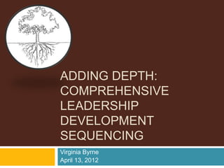 ADDING DEPTH:
COMPREHENSIVE
LEADERSHIP
DEVELOPMENT
SEQUENCING
Virginia Byrne
April 13, 2012
 