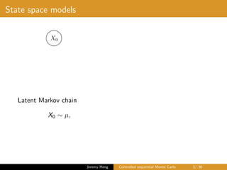 State space models
X0
Latent Markov chain
X0 ∼ µ, Xt|Xt−1 ∼ ft(Xt−1, ·), t ∈ [1 : T]
Observations
Yt|X0:T ∼ gt(Xt, ·), t ∈ [0 : T]
Jeremy Heng Controlled sequential Monte Carlo 3/ 36
 