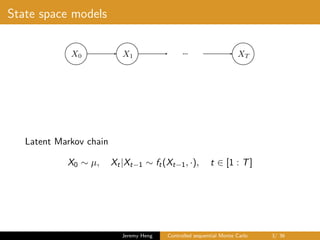 State space models
…X0 X1 XT
Latent Markov chain
X0 ∼ µ, Xt|Xt−1 ∼ ft(Xt−1, ·), t ∈ [1 : T]
Observations
Yt|X0:T ∼ gt(Xt, ·), t ∈ [0 : T]
Jeremy Heng Controlled sequential Monte Carlo 3/ 36
 