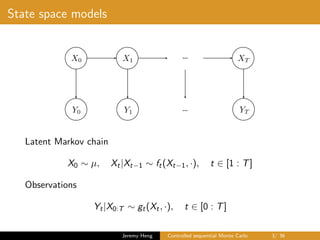 State space models
…X0 X1 XT
Y0 Y1 YT…
Latent Markov chain
X0 ∼ µ, Xt|Xt−1 ∼ ft(Xt−1, ·), t ∈ [1 : T]
Observations
Yt|X0:T ∼ gt(Xt, ·), t ∈ [0 : T]
Jeremy Heng Controlled sequential Monte Carlo 3/ 36
 