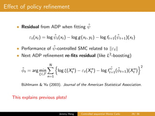 Eﬀect of policy reﬁnement
• Residual from ADP when ﬁtting ˆψ
εt(xt) = log ˆψt(xt) − log g(xt, yt) − log ft+1( ˆψt+1)(xt)
• Performance of ˆψ-controlled SMC related to εt
• Next ADP reﬁnement re-ﬁts residual (like L2-boosting)
ˆφt = arg min
ξ∈F
N
n=1
log ξ(Xn
t ) − εt(Xn
t ) − log f
ˆψ
t+1(ˆφt+1)(Xn
t )
2
B¨uhlmann & Yu (2003). Journal of the American Statistical Association.
This explains previous plots!
Jeremy Heng Controlled sequential Monte Carlo 29/ 36
 