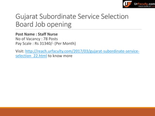 Gujarat Subordinate Service Selection
Board Job opening
Post Name : Staff Nurse
No of Vacancy : 78 Posts
Pay Scale : Rs 31340/- (Per Month)
Visit: http://reach.urfaculty.com/2017/03/gujarat-subordinate-service-
selection_22.html to know more
 