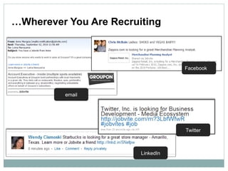…Wherever You Are Recruiting



                                   Facebook




          email




                                   Twitter



                        LinkedIn
 