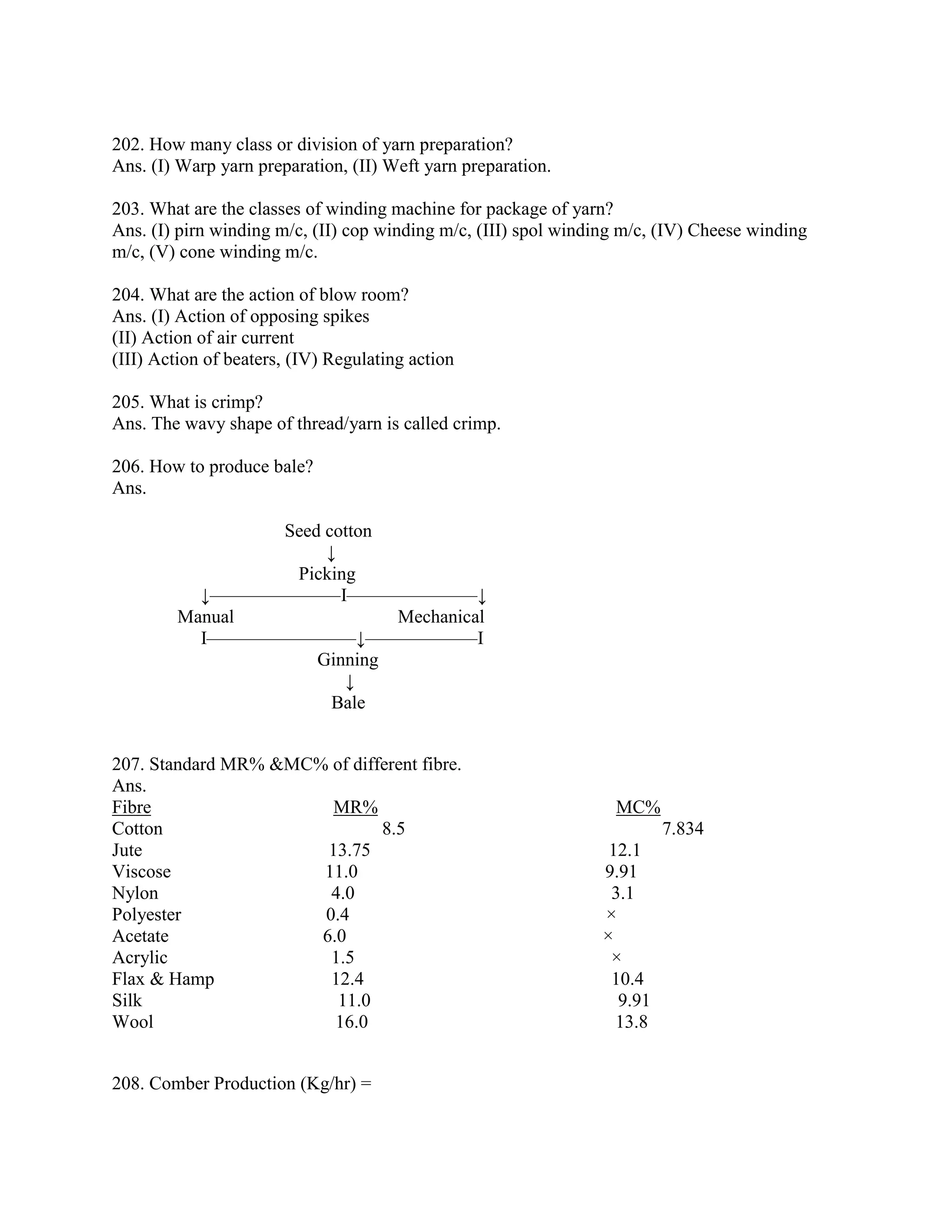 202. How many class or division of yarn preparation?
Ans. (I) Warp yarn preparation, (II) Weft yarn preparation.
203. What are the classes of winding machine for package of yarn?
Ans. (I) pirn winding m/c, (II) cop winding m/c, (III) spol winding m/c, (IV) Cheese winding
m/c, (V) cone winding m/c.
204. What are the action of blow room?
Ans. (I) Action of opposing spikes
(II) Action of air current
(III) Action of beaters, (IV) Regulating action
205. What is crimp?
Ans. The wavy shape of thread/yarn is called crimp.
206. How to produce bale?
Ans.
Seed cotton
↓
Picking
↓———————І———————↓
Manual Mechanical
І————————↓——————І
Ginning
↓
Bale
207. Standard MR% &MC% of different fibre.
Ans.
Fibre MR% MC%
Cotton 8.5 7.834
Jute 13.75 12.1
Viscose 11.0 9.91
Nylon 4.0 3.1
Polyester 0.4 ×
Acetate 6.0 ×
Acrylic 1.5 ×
Flax & Hamp 12.4 10.4
Silk 11.0 9.91
Wool 16.0 13.8
208. Comber Production (Kg/hr) =
 