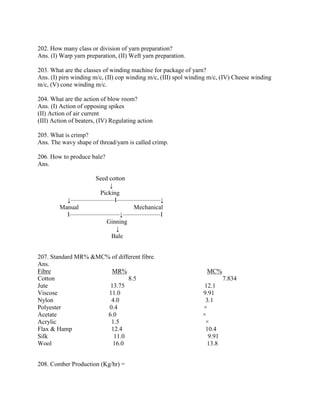 202. How many class or division of yarn preparation?
Ans. (I) Warp yarn preparation, (II) Weft yarn preparation.
203. What are the classes of winding machine for package of yarn?
Ans. (I) pirn winding m/c, (II) cop winding m/c, (III) spol winding m/c, (IV) Cheese winding
m/c, (V) cone winding m/c.
204. What are the action of blow room?
Ans. (I) Action of opposing spikes
(II) Action of air current
(III) Action of beaters, (IV) Regulating action
205. What is crimp?
Ans. The wavy shape of thread/yarn is called crimp.
206. How to produce bale?
Ans.
Seed cotton
↓
Picking
↓———————І———————↓
Manual Mechanical
І————————↓——————І
Ginning
↓
Bale
207. Standard MR% &MC% of different fibre.
Ans.
Fibre MR% MC%
Cotton 8.5 7.834
Jute 13.75 12.1
Viscose 11.0 9.91
Nylon 4.0 3.1
Polyester 0.4 ×
Acetate 6.0 ×
Acrylic 1.5 ×
Flax & Hamp 12.4 10.4
Silk 11.0 9.91
Wool 16.0 13.8
208. Comber Production (Kg/hr) =
 