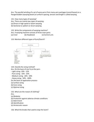 Ans. The parallel winding of a set of warp yarns from many yarn packages (cone/cheese) on a
flanged bobbin (warping beam) at uniform spacing, tension and length is called warping.
131. How many types of warping?
Ans. There are mainly two types of warping-
(a) Direct or high speed or beam warping
(b) Sectional or pattern or drum warping.
132. Write the components of warping machine?
Ans. A warping machine consists of three main parts:
(a) Creel (b) Headstock (c) Control unit.
133. Mention different types of Gum/Starch?
134. Classify the sizing method?
Ans. On the basis of size % on the yarn-
- Light sizing- 10% - 15%
- Pure sizing - 16% - 25%
- Medium sizing - 26% - 50%
- Heavy sizing - 50% - 100%
On the basis of application process-
(a) Surface sizing
(b) Core sizing
(c) Optimal sizing
135. What are the reason of clothing?
Ans.
(a) Modesty
(b) Protection against adverse climate conditions
(c) Adornment
(d) Identification
(e) Aristocratic reason
136. What the breaks that used to stop the loom?
 