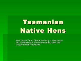 Tasmanian Native Hens The Tassie Turbo Chook and why a Tasmanian AFL football team should be named after this unique endemic species. 