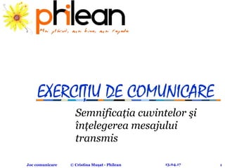 Joc comunicare © Cristina Muşat - Philean 113.04.17
EXERCIŢIU DE COMUNICARE
Semnificaţia cuvintelor şi
înţelegerea mesajului
transmis
 