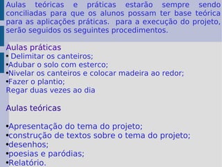 Aulas teóricas e práticas estarão sempre sendo conciliadas para que os alunos possam ter base teórica para as aplicações práticas.  para a execução do projeto, serão seguidos os seguintes procedimentos. Aulas práticas Delimitar os canteiros; Adubar o solo com esterco; Nivelar os canteiros e colocar madeira ao redor; Fazer o plantio; Regar duas vezes ao dia Aulas teóricas Apresentação do tema do projeto; construção de textos sobre o tema do projeto; desenhos; poesias e paródias;  Relatório.  