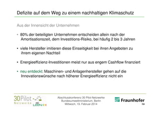 Defizite auf dem Weg zu einem nachhaltigen Klimaschutz
Aus der Innensicht der Unternehmen
• 80% der beteiligten Unternehmen entscheiden allein nach der
Amortisationszeit, dem Investitions-Risiko, bei häufig 2 bis 3 Jahren
• viele Hersteller imitieren diese Einseitigkeit bei ihren Angeboten zu
ihrem eigenen Nachteil
• Energieeffizienz-Investitionen meist nur aus engem Cashflow finanziert
• neu entdeckt: Maschinen- und Anlagenhersteller gehen auf die
Innovationswünsche nach höherer Energieeffizienz nicht ein

Abschlusskonferenz 30 Pilot-Netzwerke
Bundesumweltministerium, Berlin
Mittwoch, 19. Februar 2014

<Firmenlogo>
Referent

 