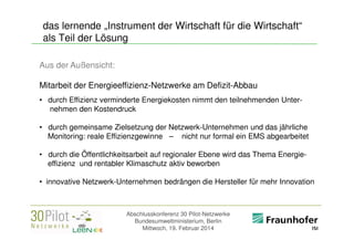 das lernende „Instrument der Wirtschaft für die Wirtschaft“
als Teil der Lösung
Aus der Außensicht:
Mitarbeit der Energieeffizienz-Netzwerke am Defizit-Abbau
• durch Effizienz verminderte Energiekosten nimmt den teilnehmenden Unternehmen den Kostendruck
• durch gemeinsame Zielsetzung der Netzwerk-Unternehmen und das jährliche
Monitoring: reale Effizienzgewinne – nicht nur formal ein EMS abgearbeitet
• durch die Öffentlichkeitsarbeit auf regionaler Ebene wird das Thema Energieeffizienz und rentabler Klimaschutz aktiv beworben
• innovative Netzwerk-Unternehmen bedrängen die Hersteller für mehr Innovation

Abschlusskonferenz 30 Pilot-Netzwerke
Bundesumweltministerium, Berlin
Mittwoch, 19. Februar 2014

<Firmenlogo>
Referent

 
