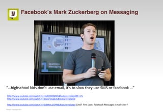 Facebookʼs Mark Zuckerberg on Messaging




“…highschool kids don’t use email, it’s to slow they use SMS or facebook …”
 hMp://www.youtube.com/watch?v=HqAHNO0ZBJs&feature=related#t=17s
 hMp://www.youtube.com/watch?v=bdzuFG6q63k&feature=related

 hMp://www.youtube.com/watch?v=wdMelc2OP^&feature=related (CNET First Look: Facebook Messages: Email Killer?
Yuilop © Copyright 2011
 