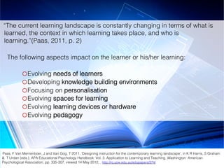 “The current learning landscape is constantly changing in terms of what is
learned, the context in which learning takes place, and who is
learning.”(Paas, 2011, p. 2) !
!
The following aspects impact on the learner or his/her learning:!
!
o Evolving needs of learners!
o Developing knowledge building environments!
o Focusing on personalisation!
o Evolving spaces for learning!
o Evolving learning devices or hardware!
o Evolving pedagogy!
Paas, F Van Merrienboer, J and Van Gog, T 2011, ‘Designing instruction for the contemporary learning landscape’, in K R Harris, S Graham !
& T Urdan (eds.), APA Educational Psychology Handbook: Vol. 3. Application to Learning and Teaching, Washington: American!
Psychological Association, pp. 335-357, viewed 14 May 2012, http://ro.uow.edu.au/edupapers/374/!
 