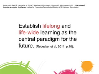 Establish lifelong and
life-wide learning as the
central paradigm for the
future. (Redecker et al, 2011, p.10).
Redecker C, Leis M, Leendertse M, Punie Y, Gijsbers G, Kirschner P, Stoyanov S & Hoogerveld B 2011, The future of
learning: preparing for change, Institute for Prospective Technological Studies, JRC European Commission.
 