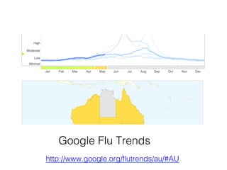 http://www.google.org/ﬂutrends/au/#AU!
Google Flu Trends !
 