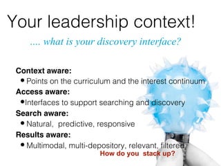 .... what is your discovery interface?
"
Context aware:!
• Points on the curriculum and the interest continuum!
Access aware:!
• Interfaces to support searching and discovery!
Search aware:!
• Natural, predictive, responsive!
Results aware:!
• Multimodal, multi-depository, relevant, ﬁltered!
How do you stack up?
Your leadership context! !
 