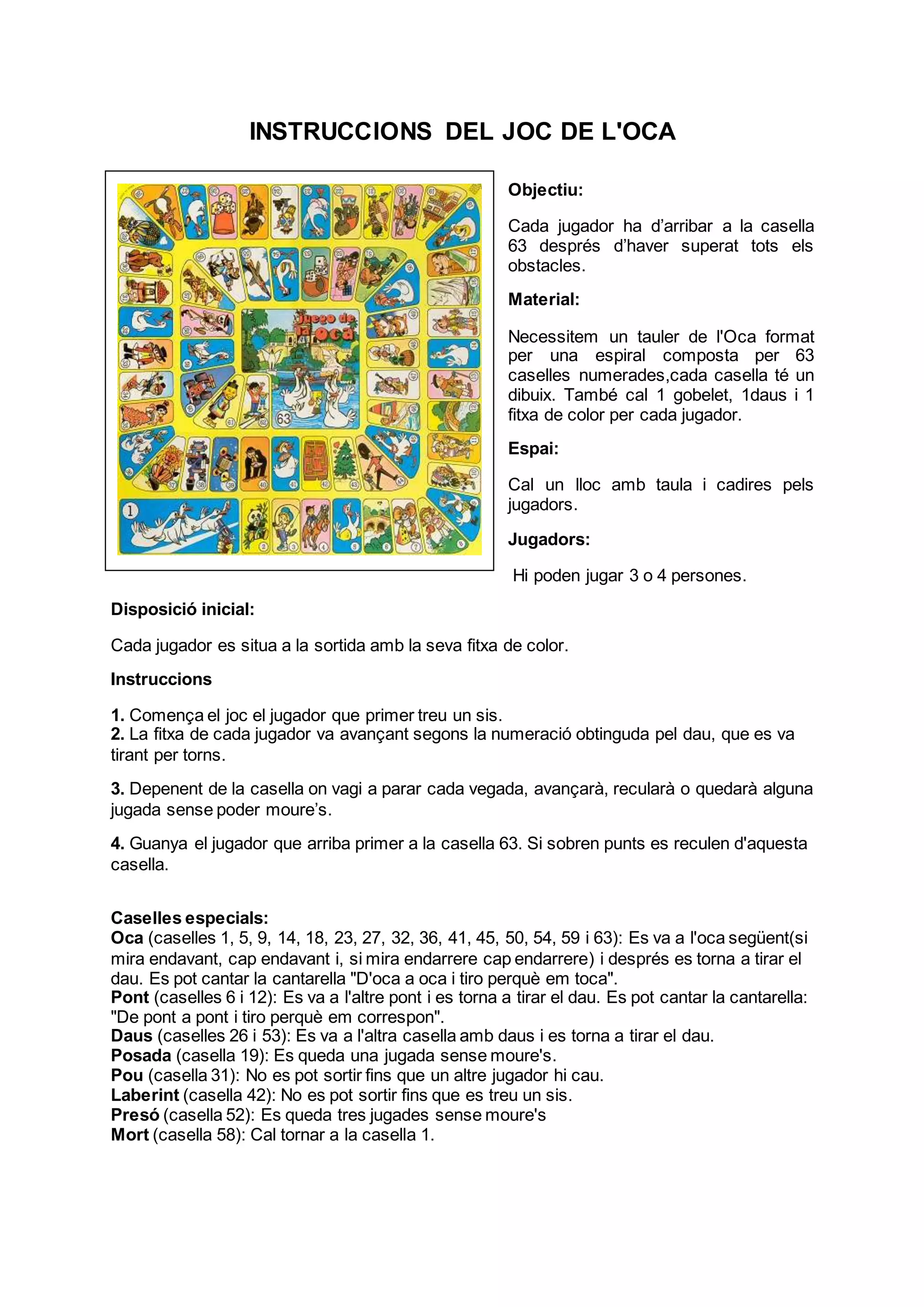 INSTRUCCIONS DEL JOC DE L'OCA
Objectiu:
Cada jugador ha d’arribar a la casella
63 després d’haver superat tots els
obstacles.
Material:
Necessitem un tauler de l'Oca format
per una espiral composta per 63
caselles numerades,cada casella té un
dibuix. També cal 1 gobelet, 1daus i 1
fitxa de color per cada jugador.
Espai:
Cal un lloc amb taula i cadires pels
jugadors.
Jugadors:
Hi poden jugar 3 o 4 persones.
Disposició inicial:
Cada jugador es situa a la sortida amb la seva fitxa de color.
Instruccions
1. Comença el joc el jugador que primer treu un sis.
2. La fitxa de cada jugador va avançant segons la numeració obtinguda pel dau, que es va
tirant per torns.
3. Depenent de la casella on vagi a parar cada vegada, avançarà, recularà o quedarà alguna
jugada sense poder moure’s.
4. Guanya el jugador que arriba primer a la casella 63. Si sobren punts es reculen d'aquesta
casella.
Caselles especials:
Oca (caselles 1, 5, 9, 14, 18, 23, 27, 32, 36, 41, 45, 50, 54, 59 i 63): Es va a l'oca següent(si
mira endavant, cap endavant i, si mira endarrere cap endarrere) i després es torna a tirar el
dau. Es pot cantar la cantarella "D'oca a oca i tiro perquè em toca".
Pont (caselles 6 i 12): Es va a l'altre pont i es torna a tirar el dau. Es pot cantar la cantarella:
"De pont a pont i tiro perquè em correspon".
Daus (caselles 26 i 53): Es va a l'altra casella amb daus i es torna a tirar el dau.
Posada (casella 19): Es queda una jugada sense moure's.
Pou (casella 31): No es pot sortir fins que un altre jugador hi cau.
Laberint (casella 42): No es pot sortir fins que es treu un sis.
Presó (casella 52): Es queda tres jugades sense moure's
Mort (casella 58): Cal tornar a la casella 1.
 