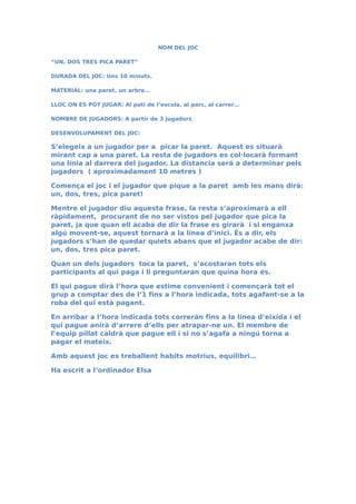 NOM DEL JOC
“UN, DOS TRES PICA PARET”
DURADA DEL JOC: Uns 10 minuts.
MATERIAL: una paret, un arbre…
LLOC ON ES POT JUGAR: Al pati de l’escola, al parc, al carrer…
NOMBRE DE JUGADORS: A partir de 3 jugadors
DESENVOLUPAMENT DEL JOC:
S’elegeix a un jugador per a picar la paret. Aquest es situarà
mirant cap a una paret. La resta de jugadors es col·locarà formant
una línia al darrera del jugador. La distancia será a determinar pels
jugadors ( aproximadament 10 metres )
Comença el joc i el jugador que pique a la paret amb les mans dirà:
un, dos, tres, pica paret!
Mentre el jugador diu aquesta frase, la resta s’aproximarà a ell
ràpidament, procurant de no ser vistos pel jugador que pica la
paret, ja que quan ell acaba de dir la frase es girarà i si enganxa
algú movent-se, aquest tornarà a la línea d’inici. És a dir, els
jugadors s’han de quedar quiets abans que el jugador acabe de dir:
un, dos, tres pica paret.
Quan un dels jugadors toca la paret, s’acostaran tots els
participants al qui paga i li preguntaran que quina hora és.
El qui pague dirà l’hora que estime convenient i començarà tot el
grup a comptar des de l’1 fins a l’hora indicada, tots agafant-se a la
roba del qui està pagant.
En arribar a l’hora indicada tots correrán fins a la línea d’eixida i el
qui pague anirà d’arrere d’ells per atrapar-ne un. El membre de
l’equip pillat caldrà que pague ell i si no s’agafa a ningú torna a
pagar el mateix.
Amb aquest joc es treballent habits motrius, equilibri…
Ha escrit a l’ordinador Elsa
 