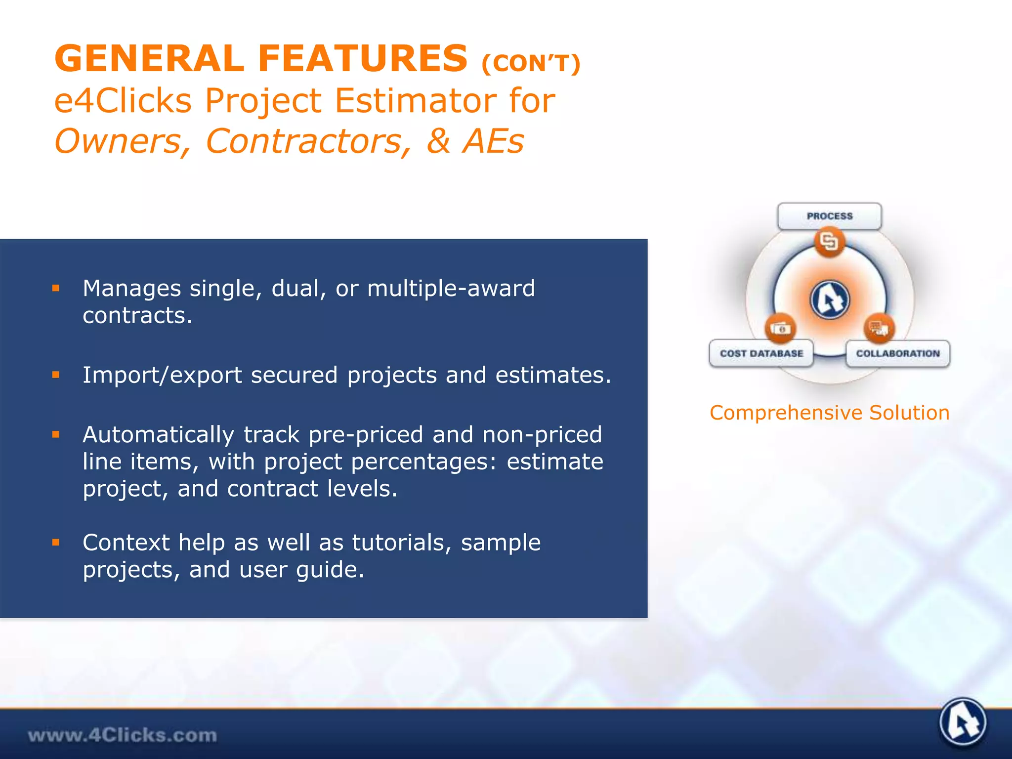Display status of each project.Estimates from Each Design StageFinal Detailed Cost EstimateInitial Contractor ProposalsTechnically Evaluated ProposalsFinal Revised Contractor ProposalModifications & Change Orders