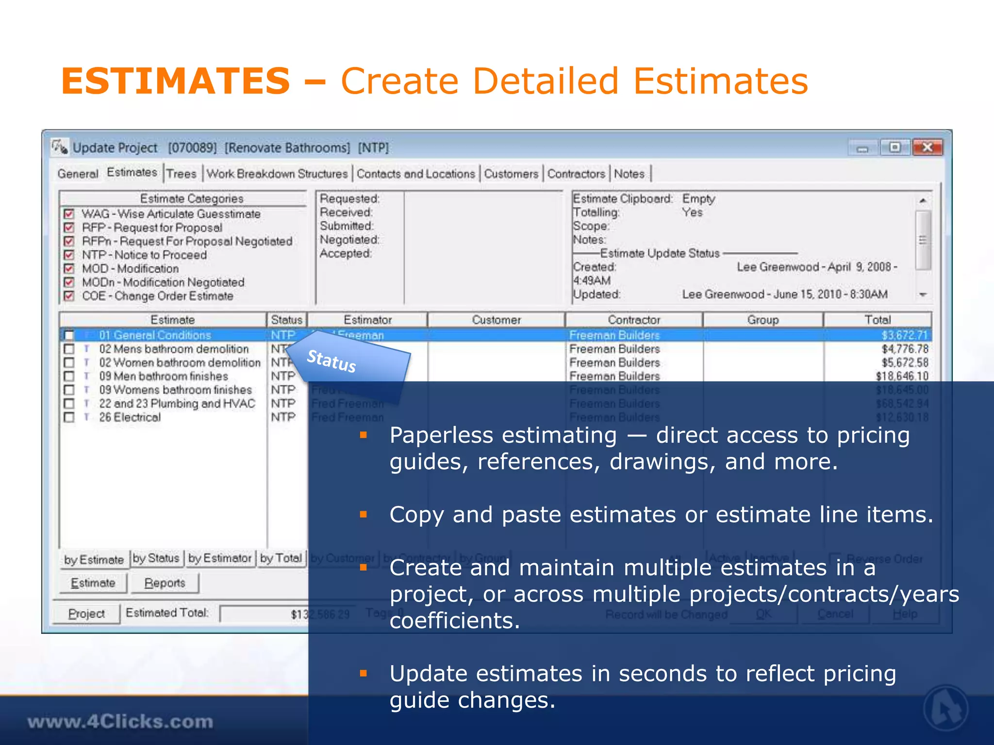 Record all estimates associated with a project.