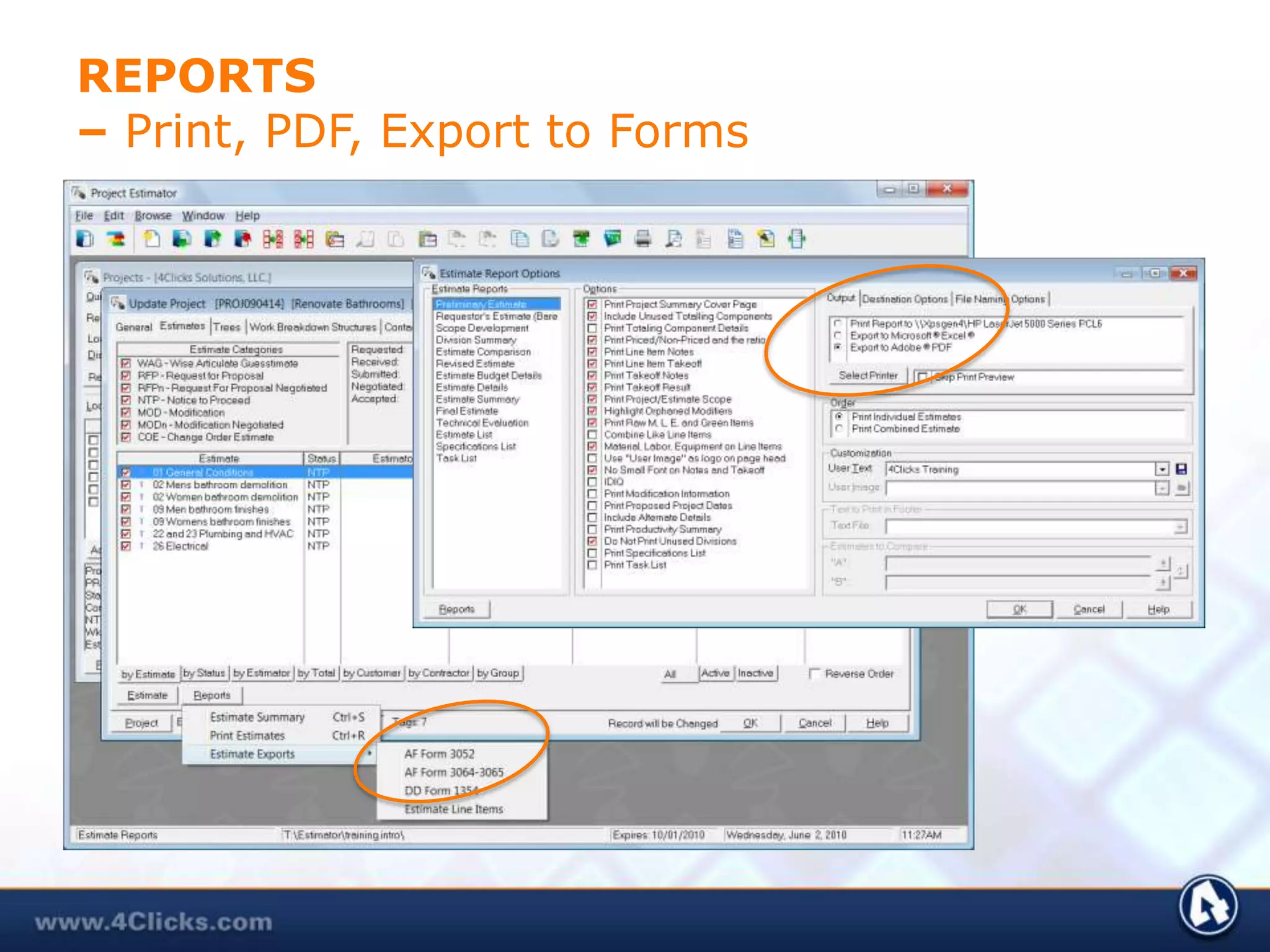 GENERAL FEATURES (CON’T)e4Clicks Project Estimator for Owners, Contractors, & AEsManages single, dual, or multiple-award contracts.