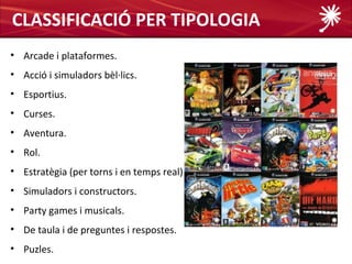 CLASSIFICACIÓ PER TIPOLOGIA
• Arcade i plataformes.
• Acció i simuladors bèl·lics.
• Esportius.
• Curses.
• Aventura.
• Rol.
• Estratègia (per torns i en temps real) RTS.
• Simuladors i constructors.
• Party games i musicals.
• De taula i de preguntes i respostes.
• Puzles.
 