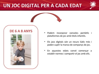 UN JOC DIGITAL PER A CADA EDAT



  DE 6 A 8 ANYS   • Podem incorporar consoles portàtils i
                    plataformes de joc amb títols infantils.

                  • Els jocs digitals són un recurs lúdic més i
                    poden suplir la manca de companys de joc.

                  • En aquestes edats convé començar a
                    establir normes i compartir el joc amb ells.
 