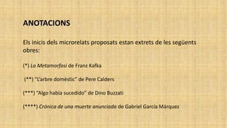 ANOTACIONS
Els inicis dels microrelats proposats estan extrets de les següents
obres:
(*) La Metamorfosi de Franz Kafka
(**) “L’arbre domèstic” de Pere Calders
(***) “Algo había sucedido” de Dino Buzzati
(****) Crónica de una muerte anunciada de Gabriel García Márquez
 