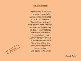 La Primavera
La primavera m’il·lumina
amb un sol majestuós.
Quin cel més meravellós!
Que m’omple el cor.
Els ocells van arribant,
amb els seus cants matinals,
ens llevem més puntuals,
els dies es fan més llargs.
Primavera, primavera,
l´oreneta ja es aquí.
Com m’agrada l’oloreta
de les flors del meu jardí.
Primavera, primavera,
un ocell m´ha saludat.
Ja has arribat
i una abella m’ha picat.
Rubab Tariq
Poesia
 
