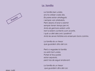 La família
La família ben unida,
ens fa créixer cada dia.
Els pares estan atrafegats
i sempre van atabalats.
Però abans d’anar a dormir
sempre tenen temps per mi.
Amb els germans estem units
tant si estem contents com avorrits.
I què us diré dels avis i padrins?
Amb les seves històries ens ensenyen bons camins.
 
La família és un tresor
que guardem dins del cor.
 
Però a vegades la família
no està tant unida.
Potser el teus pares
estan separats,
però has de seguir endavant.
 
La família és un tresor
que guardem dins del cor.
Marc Julià
Poesia
 