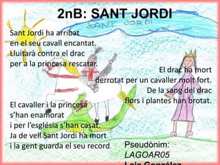 2nB: SANT JORDI
Sant Jordi ha arribat
en el seu cavall encantat.
Lluitarà contra el drac
per a la princesa rescatar.
El cavaller i la princesa
s’han enamorat
i per l’església s’han casat.
Ja de vell Sant Jordi ha mort
i la gent guarda el seu record. Pseudònim:
LAGOAR05
El drac ha mort
derrotat per un cavaller molt fort.
De la sang del drac
flors i plantes han brotat.
 