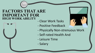 FACTORS THAT ARE
IMPORTANT FOR
HIGH WORK ABILITY
- Clear Work Tasks
- Positive Feedback
- Physically Non-strenuous Work
- ...