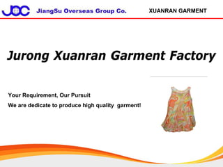 XUANRAN GARMENT




Jurong Xuanran Garment Factory

Your Requirement, Our Pursuit
We are dedicate to produce high quality garment!
 