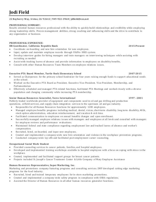 jodi field human resources resume vice president of human resources resume