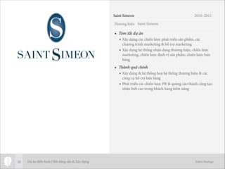 Thương hiệu
Jodric Strategy
• Tóm tắt dự án
• Xây dựng các chiến lược phát triển sản phẩm, các
chương trình marketing & hỗ trợ marketing
• Xây dựng hệ thống nhận dạng thương hiệu, chiến lược
marketing, chiến lược định vị sản phẩm, chiến lược bán
hàng
• Thành quả chính
• Xây dựng & hệ thống hoá hệ thống thương hiệu & các
công cụ hỗ trợ bán hàng
• Phát triển các chiến lược PR & quảng cáo thành công tạo
nhận biết cao trong khách hàng tiềm năng
28
Saint Simeon
Saint Simeon 2010–2011
Dự án điển hình | Bất động sản & Xây dựng
 