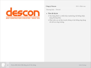 Thương hiệu
Jodric Strategy
• Tóm tắt dự án
• Xây dựng định vị, chiến lược marketing, hệ thống nhận
dạng thương hiệu.
• Phát triển các tài liệu truyền thông và hệ thống ứng dụng
chi tiết tại công trường.
32
Descon
Công ty Descon 2011–Hiện nay
Dự án điển hình | Bất động sản & Xây dựng
 