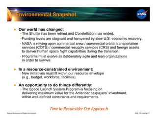 Environmental Snapshot

          ♦ Our world has changed:
                    • The Shuttle has been retired and Constellation has ended.
                    • Funding levels are stagnant and hampered by slow U.S. economic recovery.
                    • NASA is relying upon commercial crew / commercial orbital transportation
                      services (COTS) / commercial resupply services (CRS) and foreign assets
                      to deliver human space flight capabilities during the transition.
                    • Programs must evolve as deliberately agile and lean organizations
                      in order to survive.

          ♦ In a resource-constrained environment:
                    • New initiatives must fit within our resource envelope
                      (e.g., budget, workforce, facilities).

          ♦ An opportunity to do things differently:
                    • The Space Launch System Program is focusing on
                      delivering maximum value for the American taxpayers’ investment,
                      within well-defined constraints and requirements.


                                                Time to Reconsider Our Approach
National Aeronautics and Space Administration                                            8096_PM Challenge.17
 