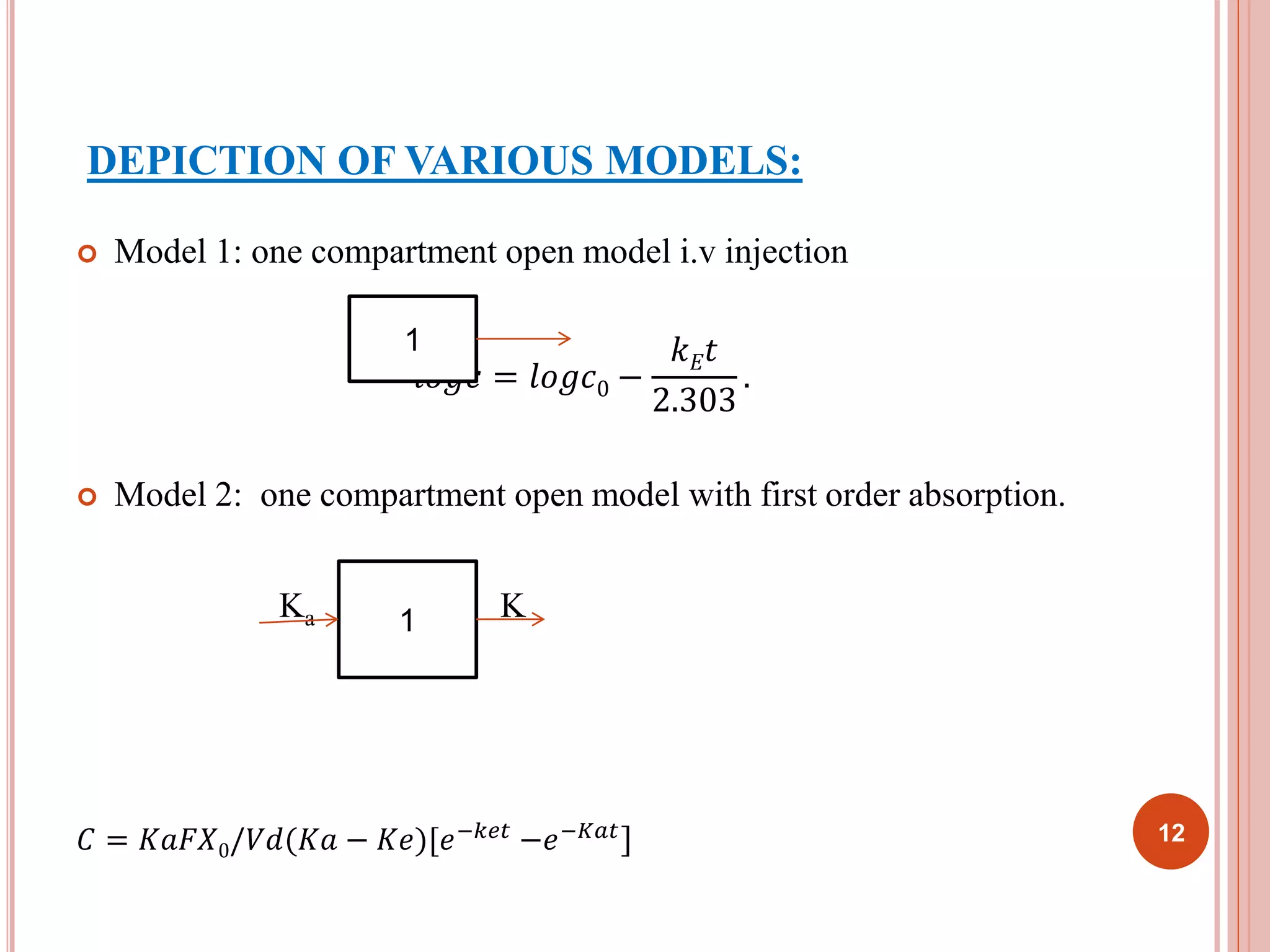 DEPICTION OF VARIOUS MODELS: 
 Model 1: one compartment open model i.v injection 
1 
푙표푔푐 = 푙표푔푐0 − 
푘퐸푡 
2.303 
. 
 Model 2: one compartment open model with first order absorption. 
Ka K 
1 
퐶 = 퐾푎퐹푋0/푉푑(퐾푎 − 퐾푒)[푒−푘푒푡 −푒−퐾푎푡] 
12 
 