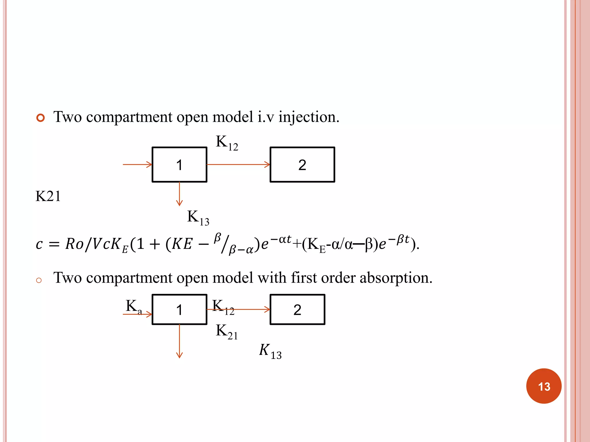  Two compartment open model i.v injection. 
K12 
K21 
K13 
푐 = 푅표/푉푐퐾퐸(1 + (퐾퐸 − 훽 
2 
훽−훼)푒−α푡+(KE-α/α─β)푒−훽푡). 
o Two compartment open model with first order absorption. 
Ka K12 
K21 
퐾13 
1 
1 2 
13 
 