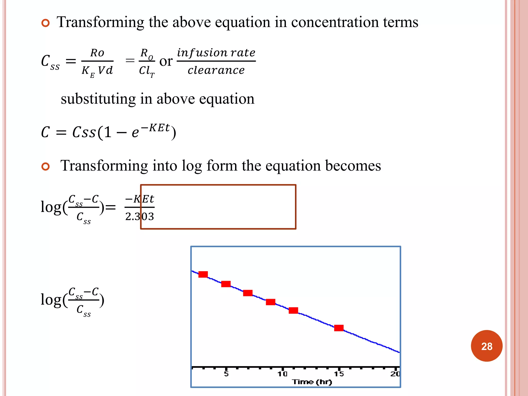  Transforming the above equation in concentration terms 
퐶푠푠 = 
푅표 
퐾퐸 푉푑 
= 
푅푂 
퐶푙푇 
or 
푖푛푓푢푠푖표푛 푟푎푡푒 
푐푙푒푎푟푎푛푐푒 
substituting in above equation 
퐶 = 퐶푠푠(1 − 푒−퐾퐸푡) 
 Transforming into log form the equation becomes 
퐶푠푠−퐶 
퐶푠푠 
log( 
)= 
−퐾퐸푡 
2.303 
퐶푠푠−퐶 
퐶푠푠 
log( 
) 
28 
 