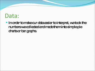 Data: In order to make our data easier to interpret, we took the numbers we collected and made them into simple pie charts or bar graphs. 