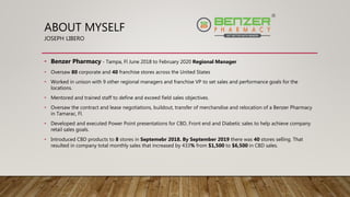 ABOUT MYSELF
JOSEPH LIBERO
• Benzer Pharmacy - Tampa, Fl June 2018 to February 2020 Regional Manager
• Oversaw 80 corporate and 40 franchise stores across the United States
• Worked in unison with 9 other regional managers and franchise VP to set sales and performance goals for the
locations.
• Mentored and trained staff to define and exceed field sales objectives.
• Oversaw the contract and lease negotiations, buildout, transfer of merchandise and relocation of a Benzer Pharmacy
in Tamarac, Fl.
• Developed and executed Power Point presentations for CBD, Front end and Diabetic sales to help achieve company
retail sales goals.
• Introduced CBD products to 8 stores in Septemebr 2018. By September 2019 there was 40 stores selling. That
resulted in company total monthly sales that increased by 433% from $1,500 to $6,500 in CBD sales.
 