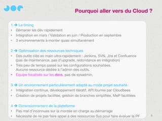 Pourquoi aller vers du Cloud ?

1  Le timing
• Démarrer les dév rapidement
• Intégration en mars / Validation en juin / Production en septembre
• 3 environnements à monter quasi simultanément

2  Optimisation des ressources techniques
• Des outils clés en main ultra-rapidement : Jenkins, SVN, Jira et Confluence
   (pas de maintenance, pas d’upgrade, redondance en intégration)
• Très peu de temps passé sur les configurations souhaitées.
   Aucune ressource dédiée à l’admin des outils.
• Equipe focalisée sur les devs, pas de sysadmin,

3  Un environnement particulièrement adapté au mode projet souhaité
• Intégration continue, développement itératif, API fournie par Cloudbees
• Création de projets facilitée, gestion de branches simplifiée, MeP facilitées

4  Dimensionnement de la plateforme
• Pas mal d’inconnues sur la montée en charge au démarrage
• Nécessité de ne pas faire appel à des ressources Sys pour faire évoluer la PF   8
 
