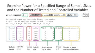 Examine Power for a Specified Range of Sample Sizes
and the Number of Tested and Controlled Variables
power rsquared .3 .4, n(40(10)80) ntested(2) ncontrol(3) alpha(.05)
Estimated power for multiple linear regression
F test for R2 testing subset of coefficients
Ho: R2_F = R2_R versus Ha: R2_F != R2_R
.05 .9034 80 .1667 .3 .4 .1 2 3
.05 .8569 70 .1667 .3 .4 .1 2 3
.05 .792 60 .1667 .3 .4 .1 2 3
.05 .7047 50 .1667 .3 .4 .1 2 3
.05 .5916 40 .1667 .3 .4 .1 2 3
alpha power N delta R2_R R2_F R2_diff ntested ncontrol
Estimate
power
Sample
sizes
Restricted and
Full R2 values
Default
values
Change
in R2
Optional
(default)
Number of tested
and control variables
Std. eff.
size
 