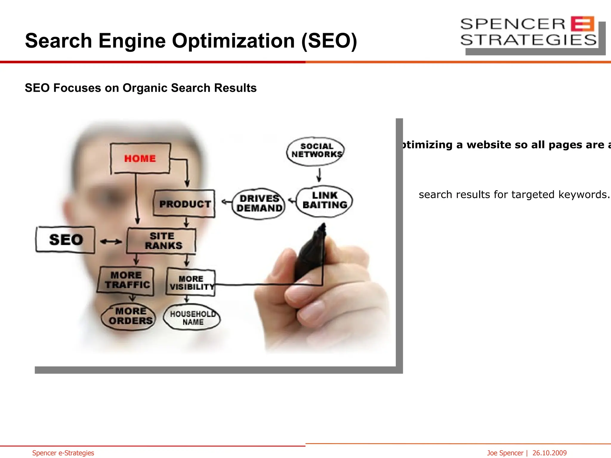 Search Engine Optimization (SEO) SEO Focuses on Organic Search Results SEO is the process of optimizing a website so all pages are accessible and friendly to: spiders for indexing rank highly in the organic  search results for targeted keywords. Pay-Per-Click (PPC) Organic Search (SEO) 
