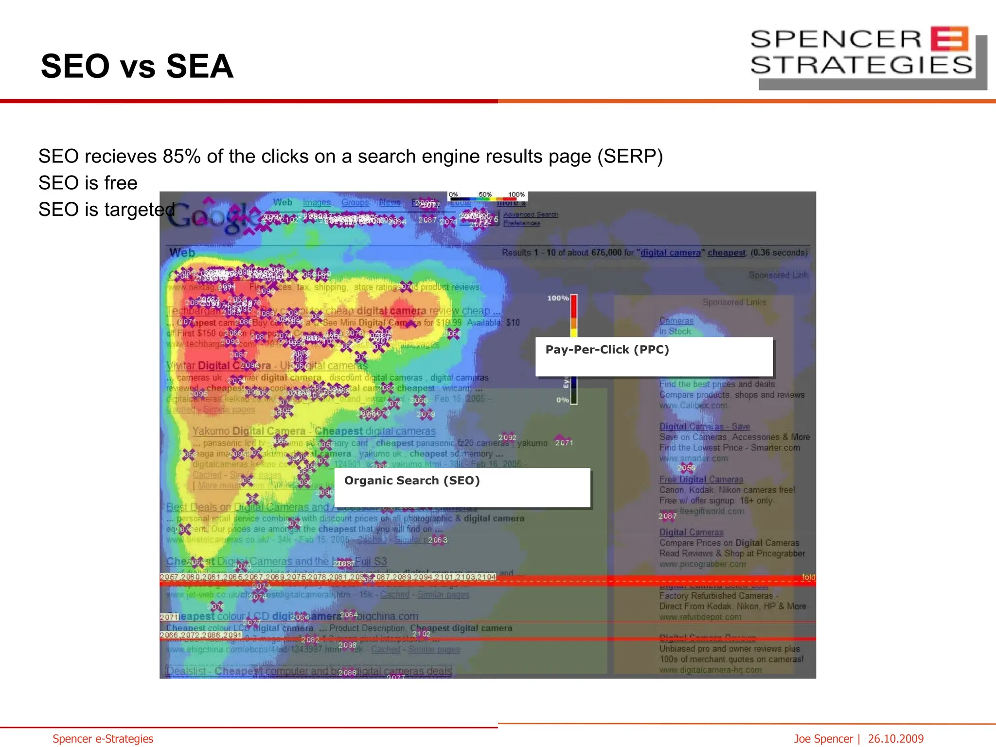 SEO vs SEA SEO receives 85% of the clicks on a search engine results page (SERP) SEO generates highly targeted traffic. SEO offers free placement in search engines Pay-Per-Click (PPC) Organic Search (SEO) 