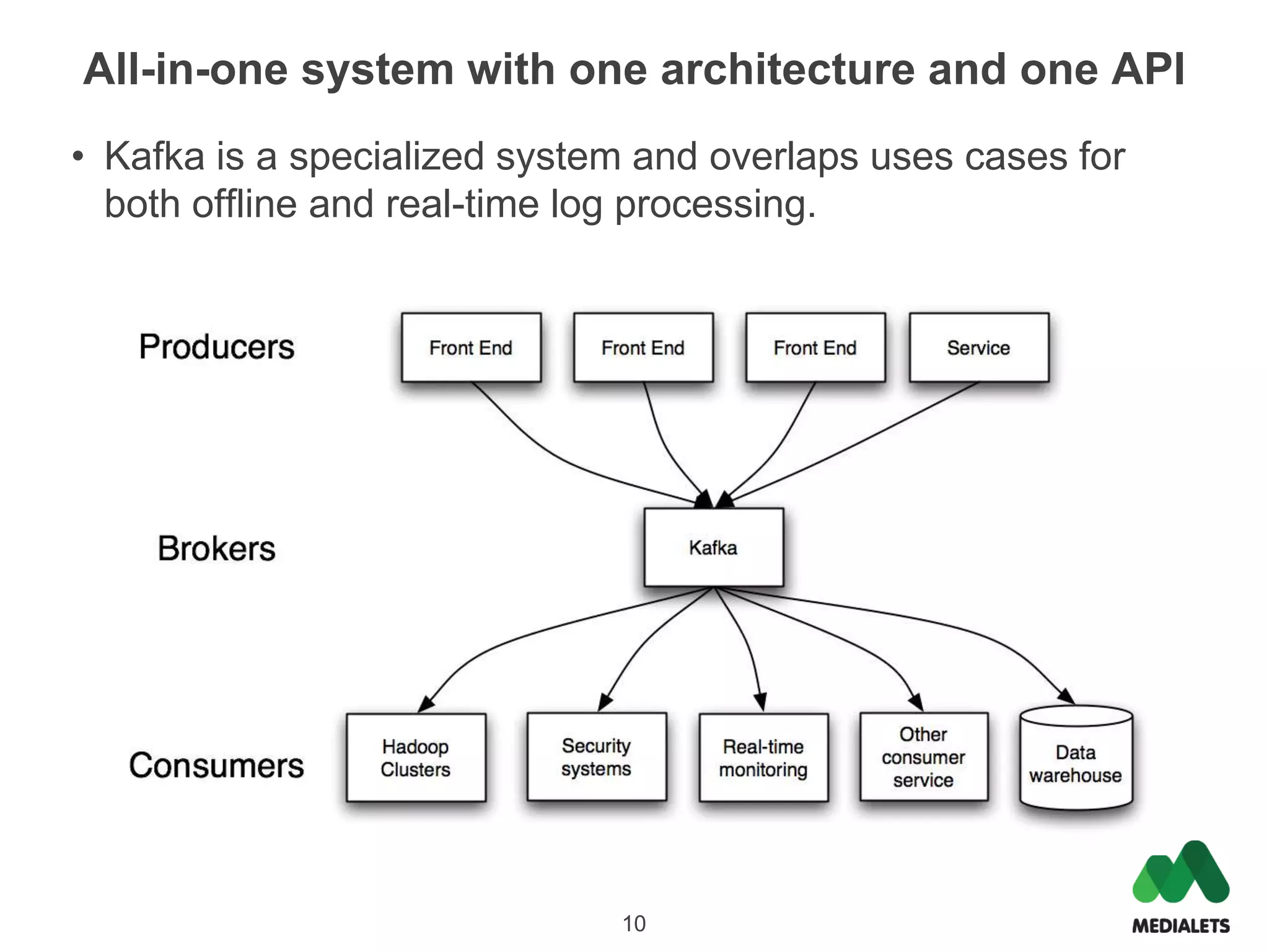 All-in-one system with one architecture and one API
• Kafka is a specialized system and overlaps uses cases for
  both offline and real-time log processing.




                              10
 